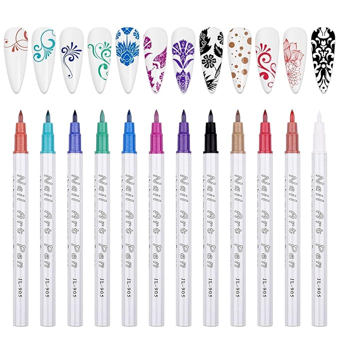 12 Color 3D Nail Art Pens Set, Kalolary Nail Point Graffiti Dotting Pen Drawing Painting Liner Brush for DIY Nail Art Beauty Adorn Manicure Tools