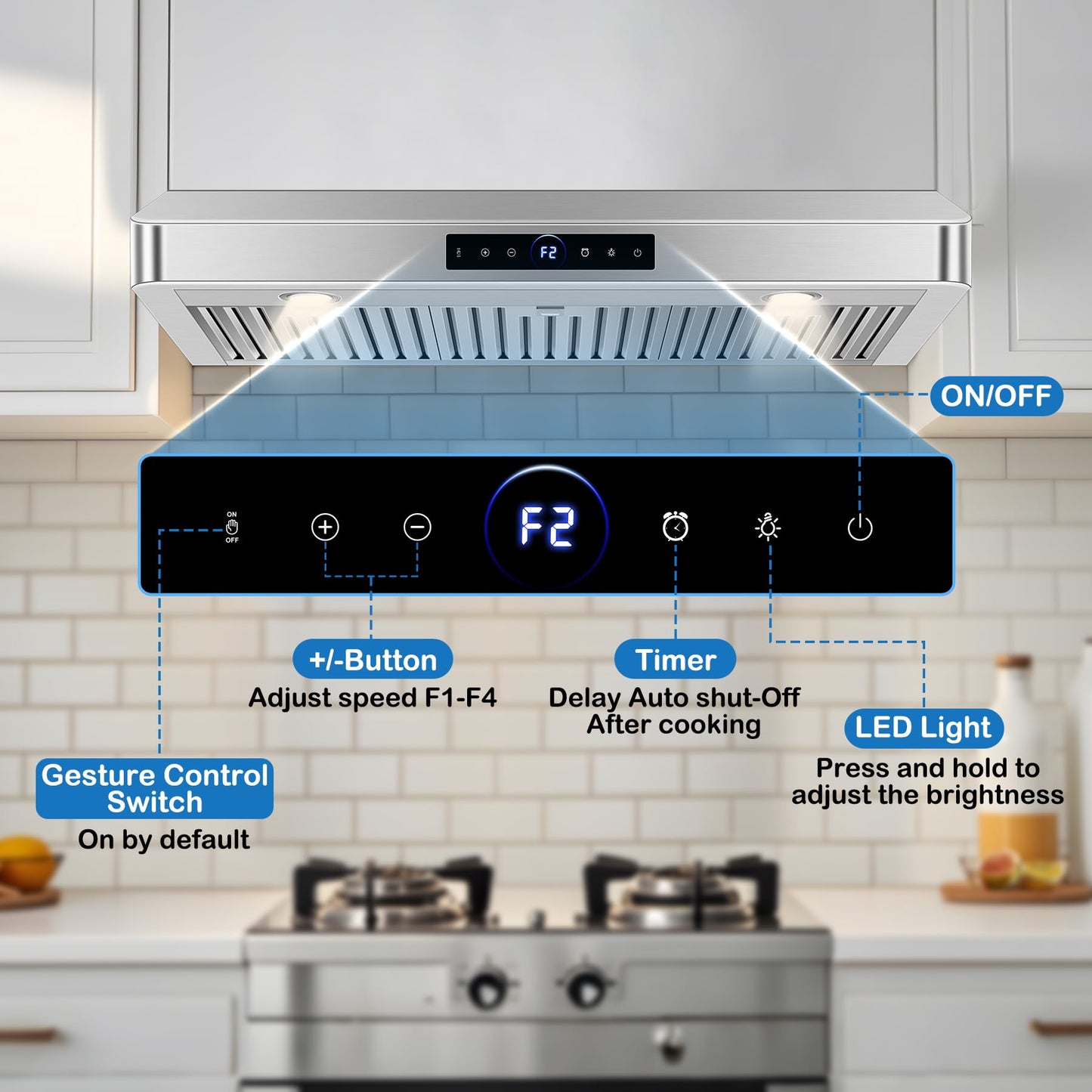 36 inch Under Cabinet Range Hood 1200 CFM with 4-Speed Gesture Sensing & Touch Control, Stainless Steel Kitchen Stove Vent Hoods with 2 LED Lights, Time Setting, Dishwasher-Safe Baffle Filters