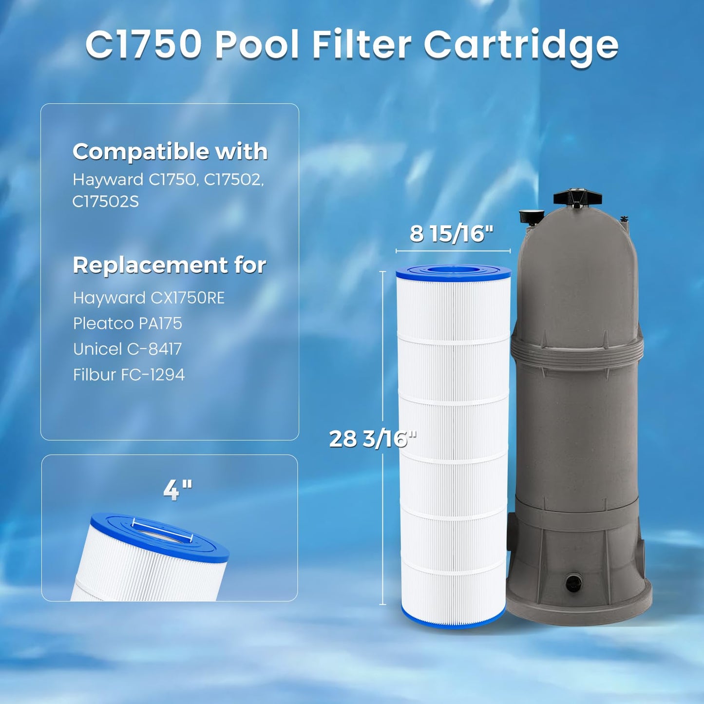 Future Way C1750 Pool Filter Cartridge Replacement for Hayward C1750, Replace for Hayward CX1750RE, Pleatco PA175, Unicel C-8417, Filbur FC-1294, 175 sq. ft