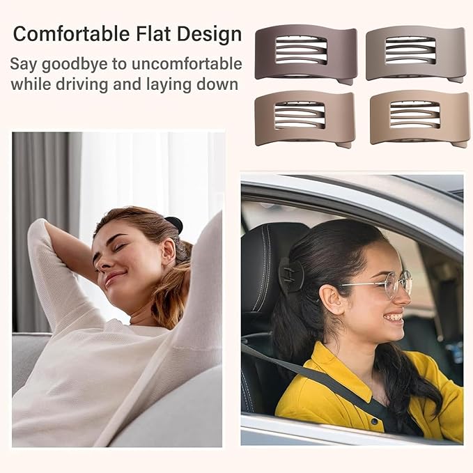 4 Pack Large Flat Hair Clips for Women, Rectangle Matte Non-slip Lay Down Claw Clips, French Strong Hold No Crease Barrettes for Thick & Thin Hair, Stylish Square Hair Accessories (Brown)