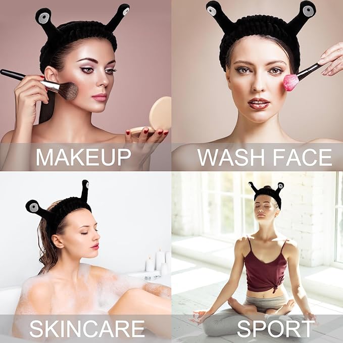 SuPoo Black Snail Face Wash Headband - Funny Skincare Spa Headband with Cute Alien Puffy Antenna Eyes for Women, Stretchy Hair Wrap Makeup Accessory