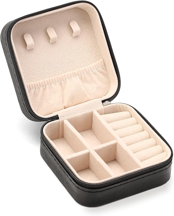 Travel Jewelry Case, Mini Portable Jewelry Travel Boxes, Small Jewelry Organizer for Rings, Earrings, Pendants, Watches, Necklaces, Lipsticks Organizer Storage Holder Case (Black)