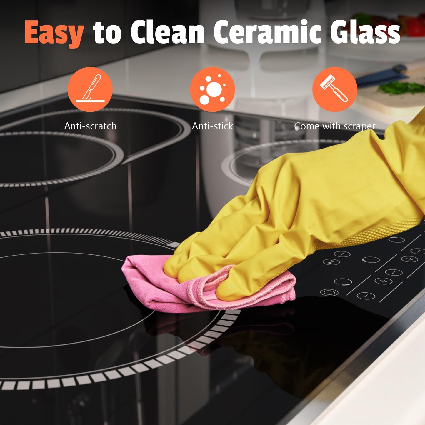24 Inch Electric Cooktop 4 Burners, Pladeca 6600W Electric Stove Touch Control, 220-240V Built-in Radiant Stove Top with Safety Lock, Timer, Pause Control, Extended Zone, Hard Wire(No Plug)