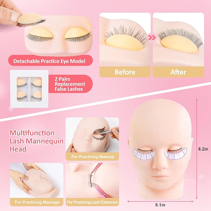 VISCOO Upgraded Eyelash Extension Kit for Beginners, Lash Extension Kit with Mannequin Head, Eye Model with Replacement False Lashes,Lash Starter Kit with Fan,Extension Glue and Remover for Training