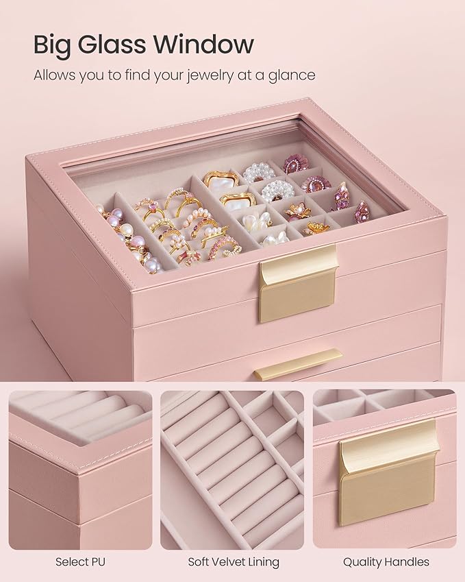 SONGMICS GISELLA Collection - Jewelry Box Organizer, 3-Layer Jewelry Storage with 2 Drawers, Shiny Metal Hardware, Glass Lid, Modern, 8 x 9.1 x 5.3 Inches, Jelly Pink and Gold Color UJBC239SA01S