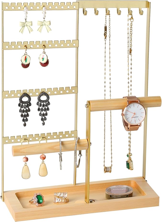 Jewelry Organizer Stand, Jewelry Holder, Lengnoy 4 Tier Earring Holder with 48 Holes and 6 Hooks Necklace Organizer Wood Box for Necklace Bracelet Earring Ring, Gold