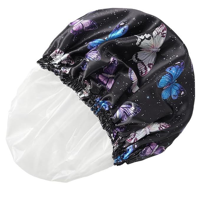 Shower Cap for Women,4 PCS Elastic and Reusable Bath Caps, Double Layers Shower Caps Reusable Waterproof, Bathing Shower Caps, Environmental Bath Hair Protection Cap - Butterfly B
