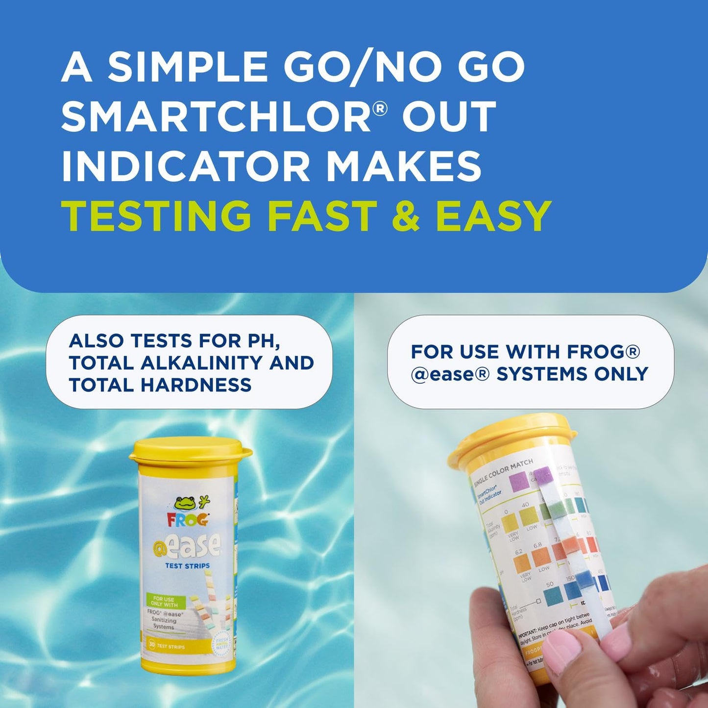 FROG @Ease Test Strips for Hot Tubs and Swim Spas - Test Strip with Out Indicator for FROG @Ease SmartChlor Cartridges, pH, Total Alkalinity and Total Hardness - 60 Test Strips