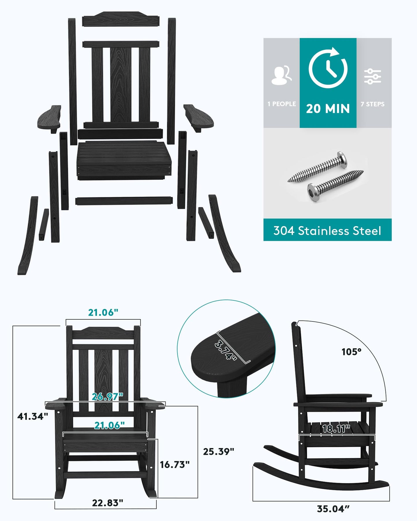 SERWALL HDPE Outdoor Rocking Chair for Adults, Outdoor Rocking Chairs Set of 6, Patio Rocking Chair Sets, Black