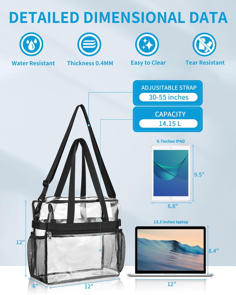 Paxiland Clear Bag for Stadium Events 12x6x12, Large Clear Tote Lunch Bag Stadium Approved with Detachable Reinforced Shoulder Straps for Concert and Festival, Transparent Handbag for men - Black