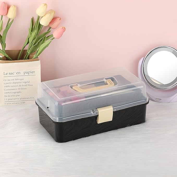 BTSKY 3-Layer Plastic Dividing Storage Box Craft Organizer with Adjustable Spacers Portable Handled Art Supply Organizer Multipurpose Home Utility Box for Sewing (Black+Beige)
