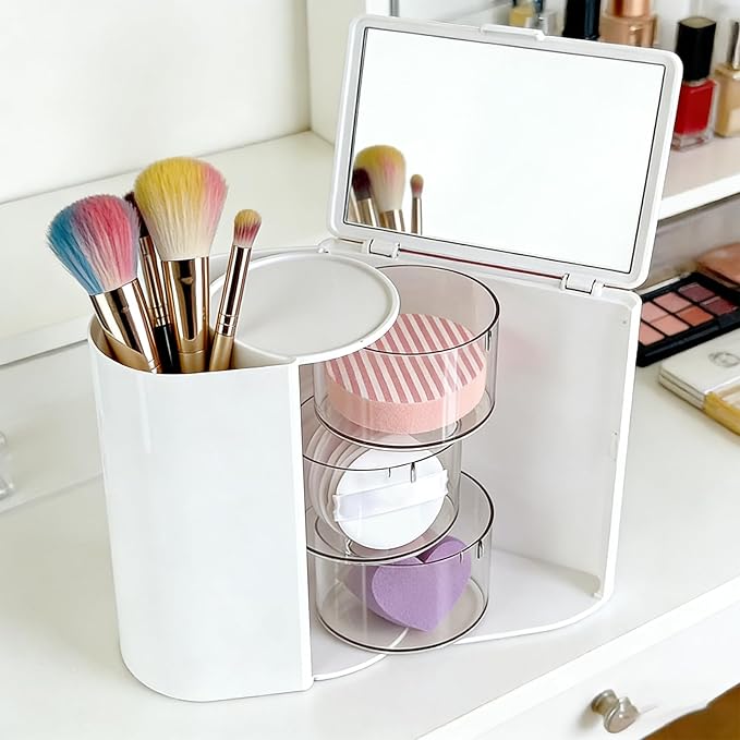 Hair Accessories Organizer for with Hair Brush Holder, Divided Rotatable Makeup Easy Organization of Hair Clips, Rings, Earrings, Makeup Brushes, Hair Clip and Hair Accessories (White, 3-Layer)