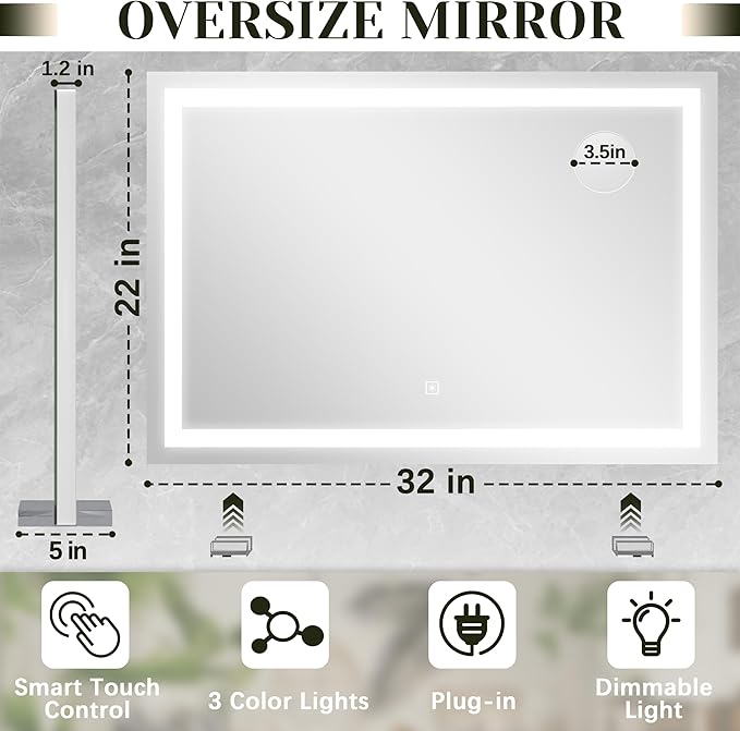 ROLOVE 32x 22 Inch Large Lighted Vanity Mirror with Dimmable 3 Modes, LED Makeup Mirror for Bathroom ＆ Dressing Room, Tabletop or Wall-Mounted, White