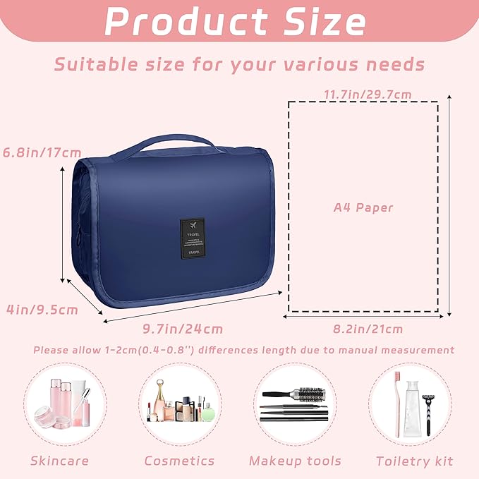 Toiletry Bag Travel Bag with Hanging Hook, Waterproof Capacity Hanging Multifunctional Makeup Bag for Toiletries, Portable Cosmetic Bag Travel Organizer for Women and Men(Royal Blue)