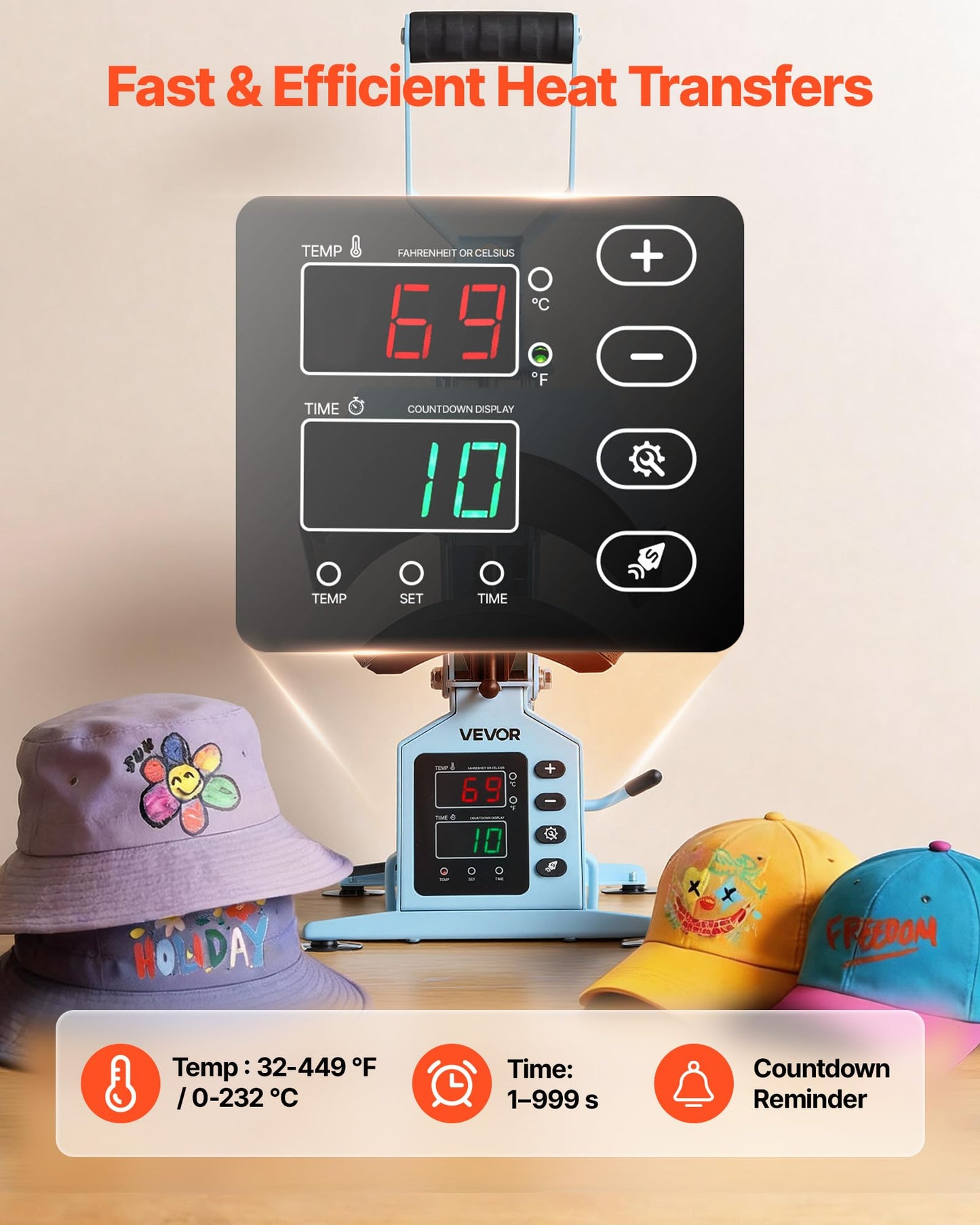 VEVOR Hat Heat Press Machine, with 4 Interchangeable Platens and Caps Stretcher, Precise Temperature & Time Control, Heat Press for Hats and Caps, for HTV Iron On and Sublimation Projects, Light Blue