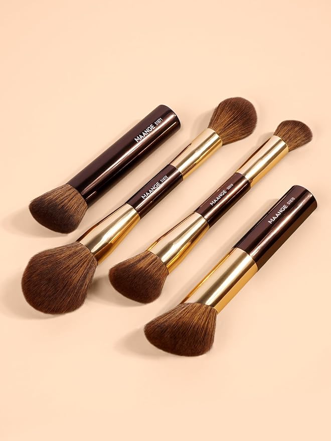 MAANGE 4 PCS Foundation Makeup Brush Set Double-ended Kabuki Brush Contour Brush for Liquid Powder Concealer Cream Cosmetics Blending Blush Face Makeup Tools Kit (Coffee Gold)
