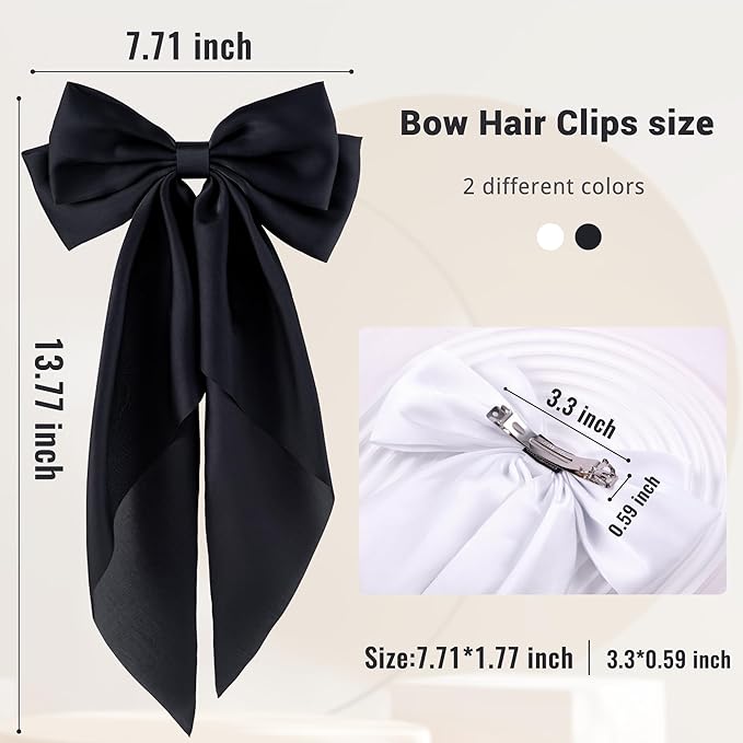 6Pcs Large Bows Hair Clips for Women Girls Long Tail Hair Ribbon Silky Satin Barrettes Coquette Hair Bows Accessories (Black/White)