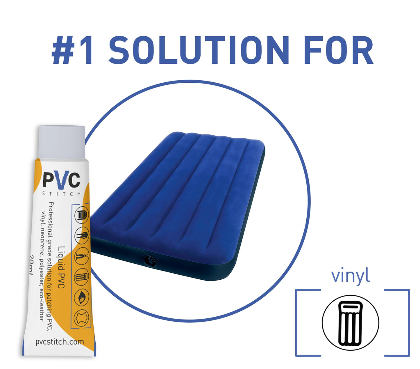 PVC Stitch Liquid Patch – Air Mattress Patch Kit Heavy Duty, Inflatable Patch Glue for PVC & PU, Inflatable Boats, Rafts, Kayaks, SUP, Hot Tubs, Waterbeds, Bounce Houses. Waterproof, 3-hr Cure, 20 ml