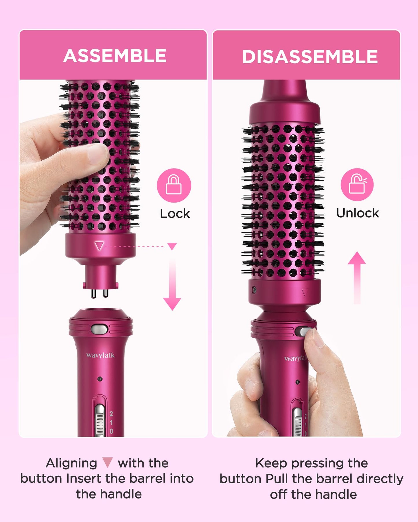 Wavytalk Heated Round Brush, 1 1/2 inch Blowout Look with Detachable Head, Dual Voltage for Travel, Rose Red
