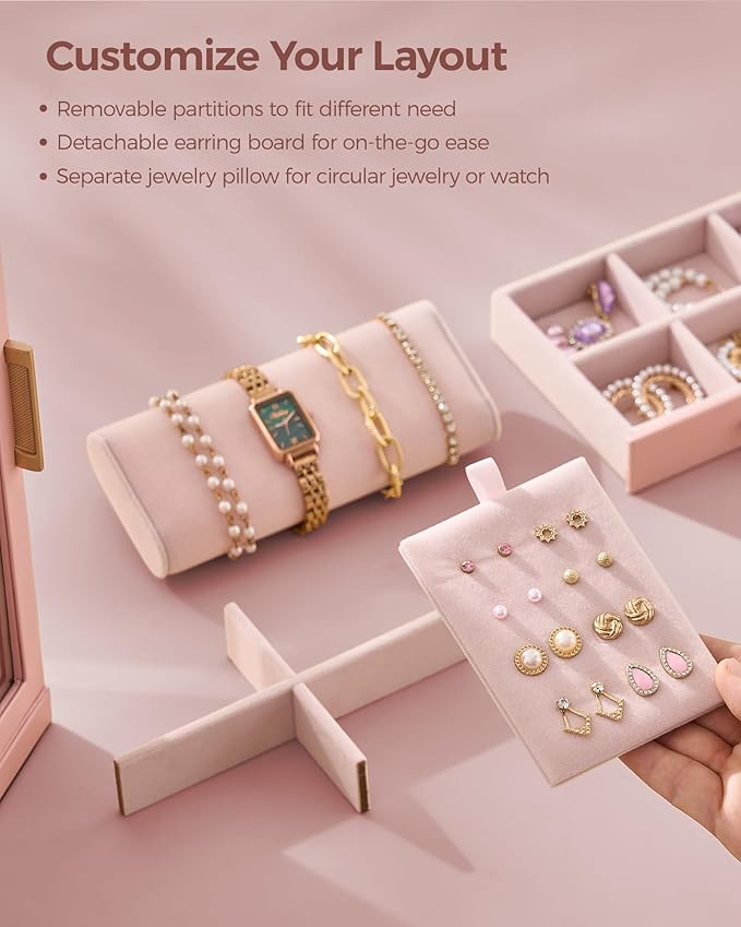 Glimmloop 360ÃÂ° Rotating Jewelry Box with 5 Drawers, Spacious Vertical Jewelry Organizer with Glass Window, Jewelry Storage Case, Dustproof & Moisture-resistant Design, Pink