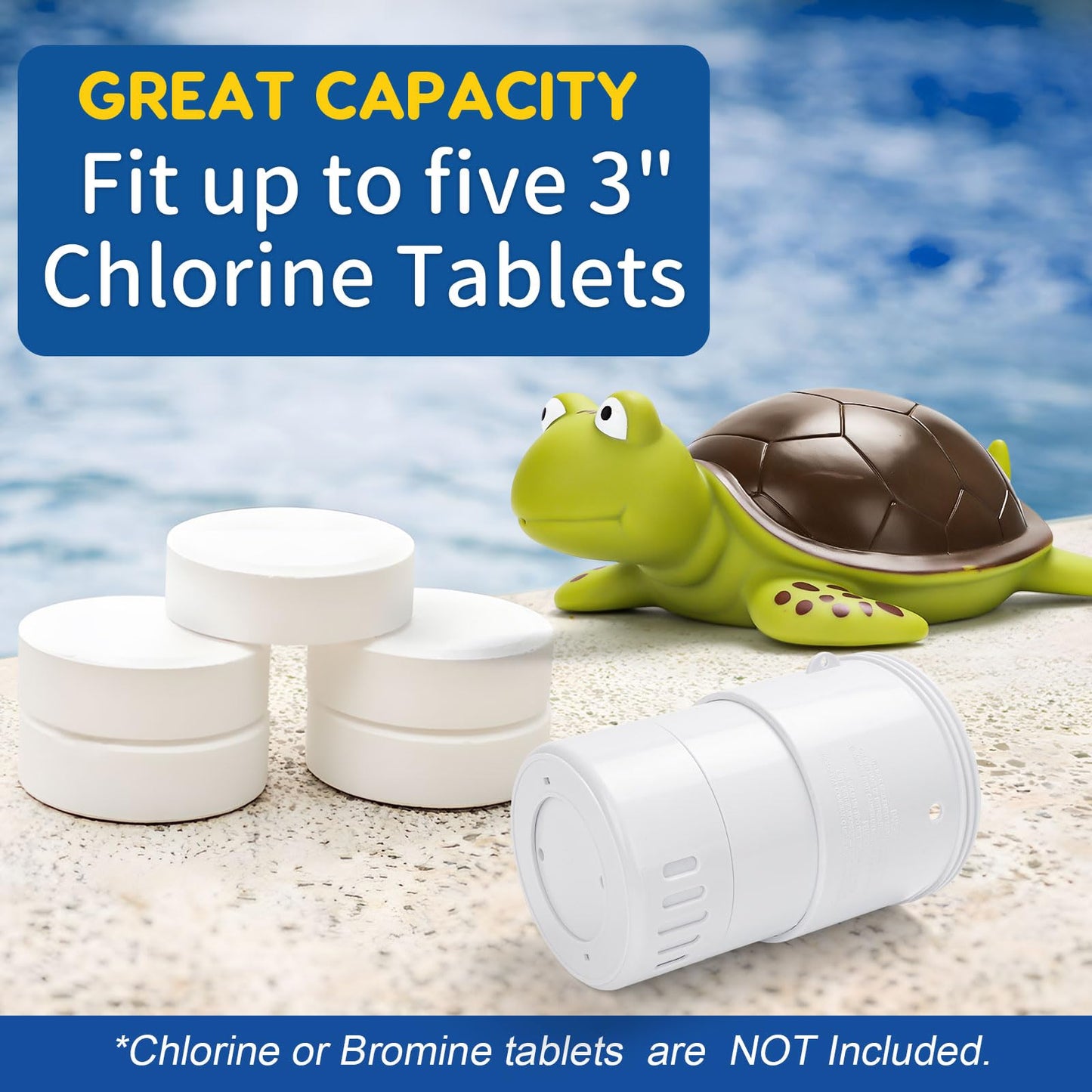 Merkia Pool Chlorine Floater, Large Capacity Floating Chlorine Dispenser Fits Up to 5 Pc 3-Inch Chemical Tablets, Heavy-Duty Plastic-Anti-Aging,Top Vacuum Design- Prevent sinkin (Turtle)