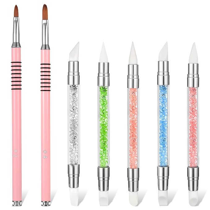 7Pcs Nail Art Brush Set, Dual Tipped Silicone Nail Tools, Nail Art Sculpture Pen, Rhinestone Nail Polish Carving Pen, 3D Nail Art Flower Brush, Acrylic Nail Brush, Nail Art Tools for Home Salon