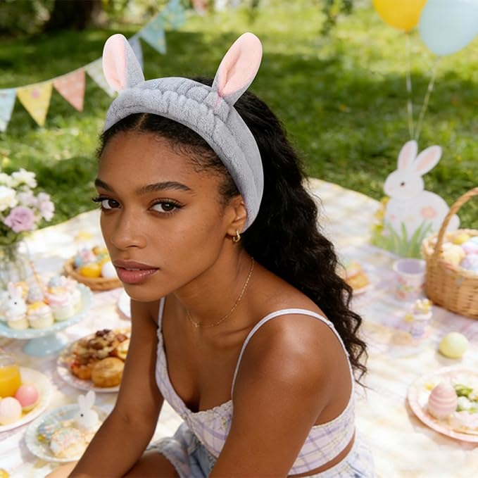 YISSION Bunny Ear Spa Headband & Wristband Set for Women and Girls - Soft Plush Makeup Headband with Embroidered Bunny Wrist Towels for Face Washing, Skincare, Easter (Gray & White)