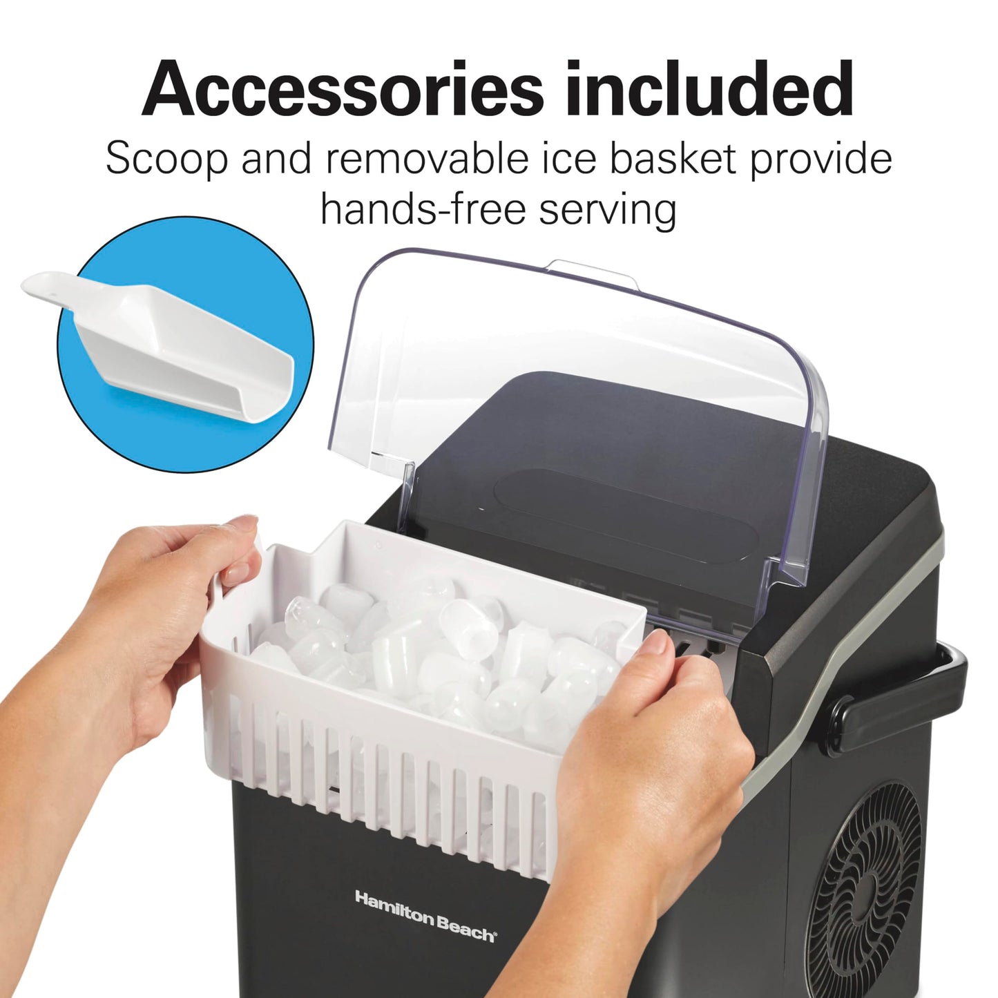 Hamilton Beach Portable Bullet Countertop Ice Maker Machine, Makes 26 Lbs/Day, 9 Cubes Every 6 Minutes, Self-Clean Function, for RV, Office, Kitchen, Dorm, Makes 2 Sizes, Black (86151)