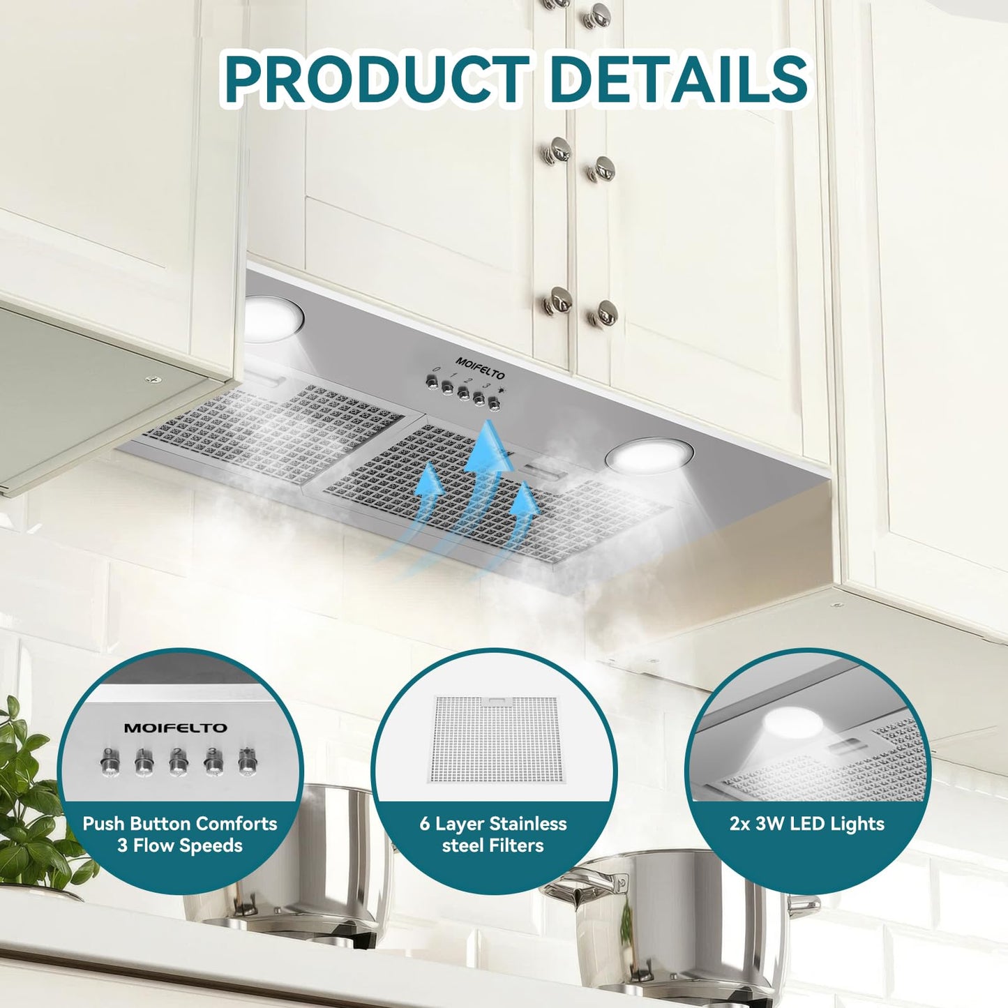 400CFM Built-In/Insert Range Hood 24 Inch - Convertible Ducted/Ductless Kitchen Vent with 3-Speed, 2×3W LED Lights & 6-Layer Grease Filters