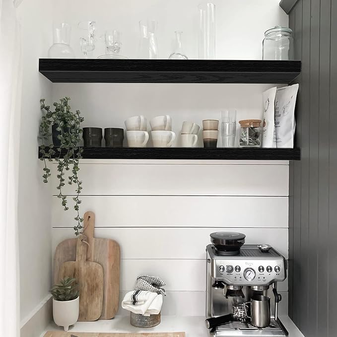 QEEIG Floating Shelves for Wall 35.4" Long - Wall Mounted Shelf Bathroom Kitchen Living Room Bedroom Farmhouse Home Decor Display Bookshelf Large 35.4 x 9.3 inch Set of 2, Black (008-90B)