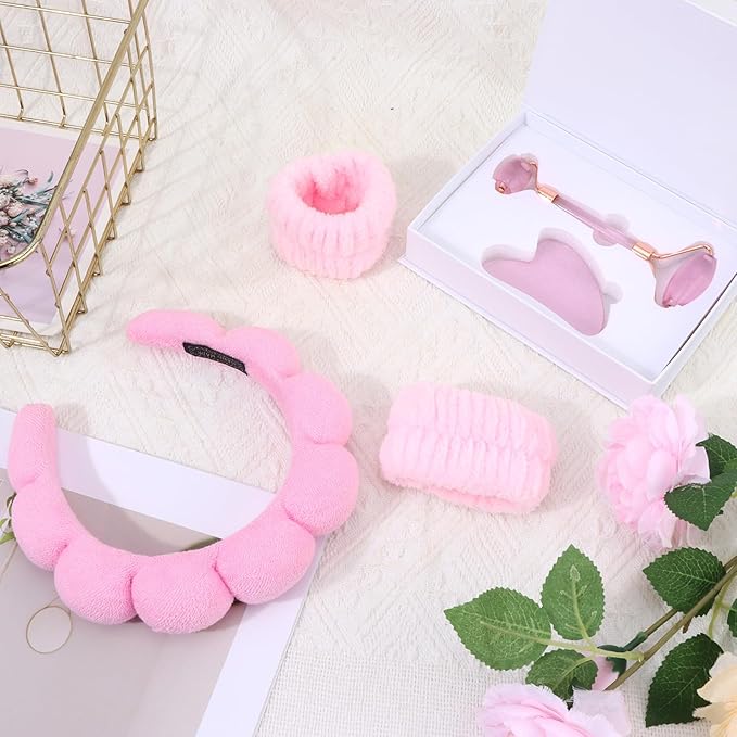 Chanaco Spa Headband and Wristbands for Women Gua Sha & Jade Roller Facial Tools Skincare Headband for Washing Face Makeup Fash Wash Hairband Teen Girl Trendy Stuff