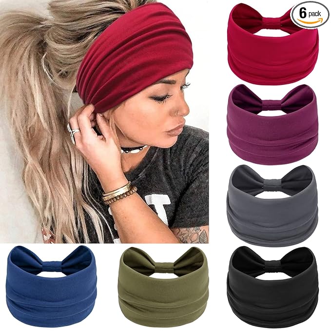 Awumbuk Wide Headbands for Women Knotted No Slip Head Bands Soft Turban Headband Hair Accessories Boho African Solid Color Head Wraps for Women Yoga Workout Pack of 6 (Fashion)