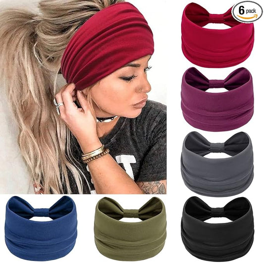 Awumbuk Wide Headbands for Women Knotted No Slip Head Bands Soft Turban Headband Hair Accessories Boho African Solid Color Head Wraps for Women Yoga Workout Pack of 6 (Fashion)