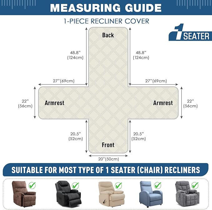 TAOCOCO 100% Waterproof Recliner Chair Cover, Small Recliner Covers for Recliner Chair with Pocket, Non Slip Reclining Chair Cover Furniture Protector for Kids, Pets(20'', Gray)