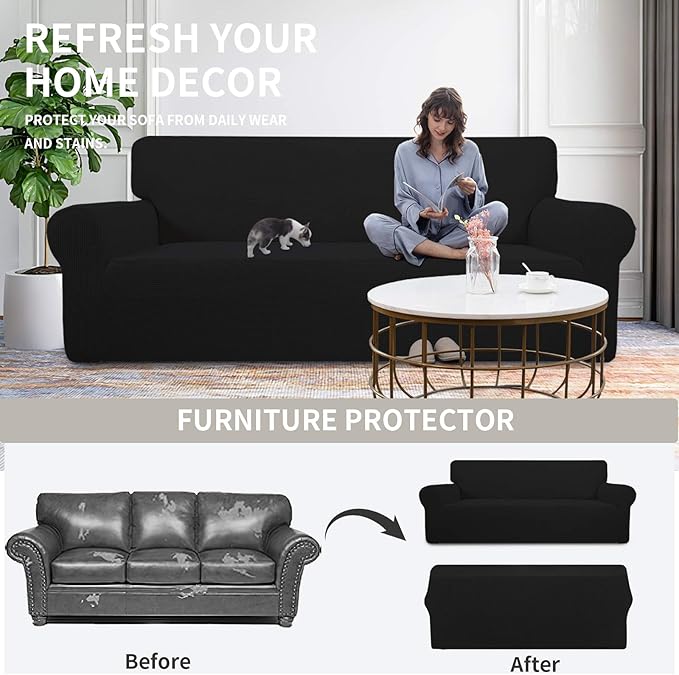 Easy-Going Stretch Loveseat Slipcover 1-Piece Sofa Cover Furniture Protector Couch Soft with Elastic Bottom for Kids Polyester Spandex Jacquard Fabric Small Checks (Loveseat, Black)