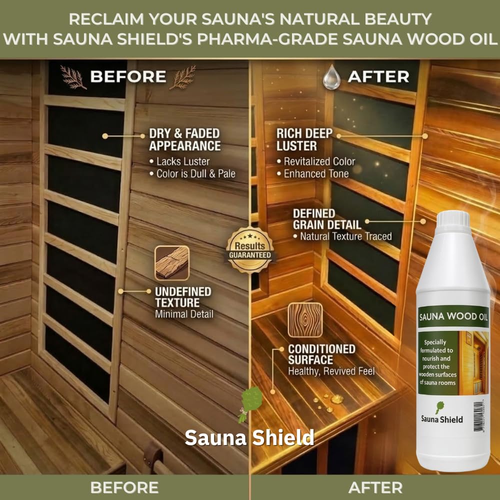 Sauna Shield Sauna Wood Oil - 1 Liter (33.8 fl oz) - 100% Pharma-Grade Paraffin Oil | Protects & Nourishes Sauna Wood | Solvent-Free, Unscented, Covers 150+ Sq Ft | for Traditional & Infrared Saunas