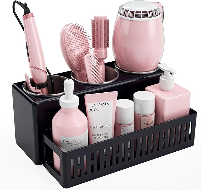 Hair Tool Organizer, Detachable Hair Dryer Holder with 3 Stainless Steel Cups, Wall Mounted Bathroom Organizers and Storage for Accessories, Curling Irons, Straighteners, Toiletries, Makeup