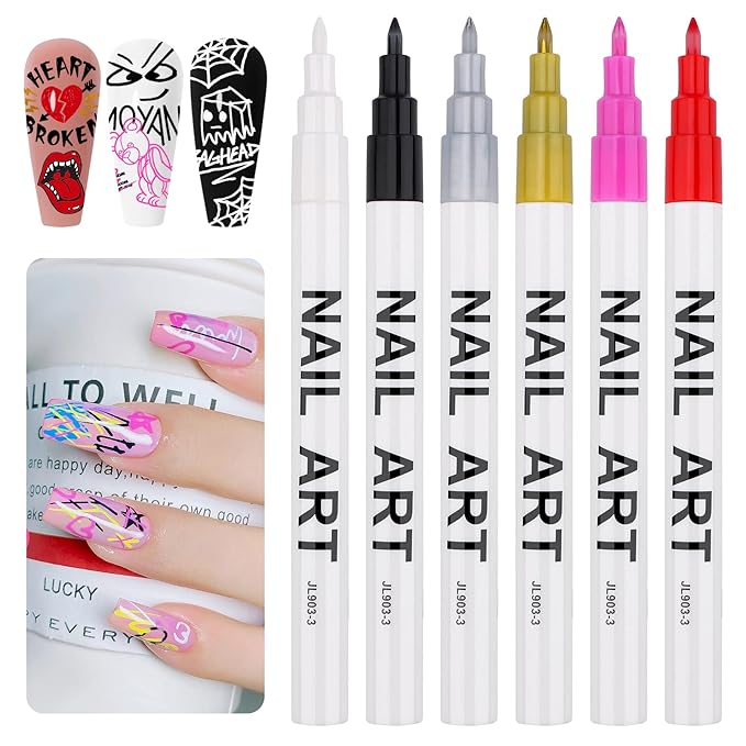 6 Color 3D Nail Art Pens Set, Kalolary Nail Point Graffiti Dotting Pen Drawing Painting Liner Brush for DIY Nail Art Beauty Adorn Manicure Tools (A)