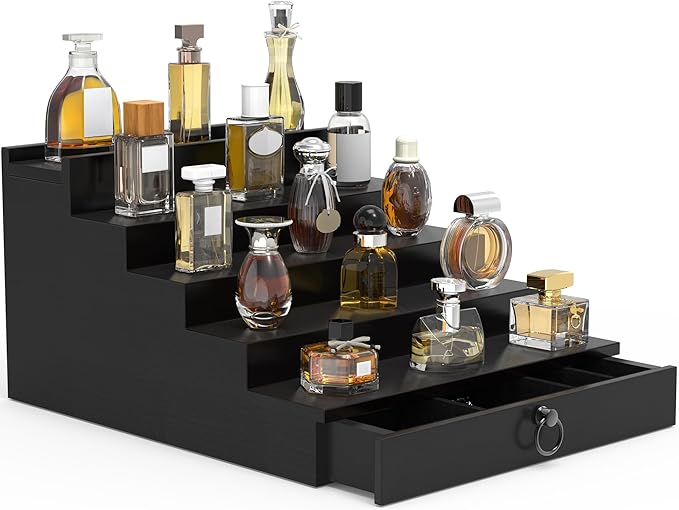Cologne Organizer for Men, 5 Tier Black Wood Perfume Organizer with Felt Lining Drawer and Hidden Compartment, Perfume Display Holder, A Gift for Men
