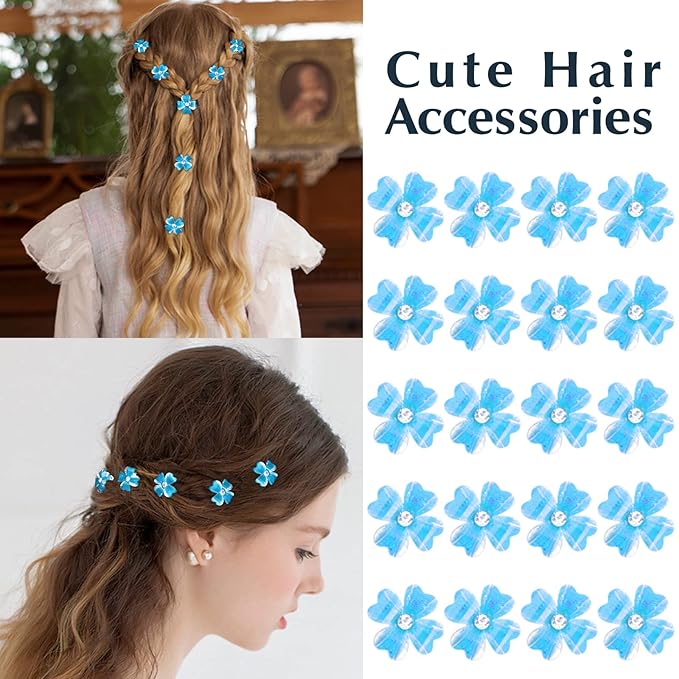 YISSION 20Pcs Mini Blue Flower Hair Clips with Rhinestone Cute Hair Pins Decorative Hair Clips Wedding Hair Barrettes Bridal Hair Accessories for Girls Women