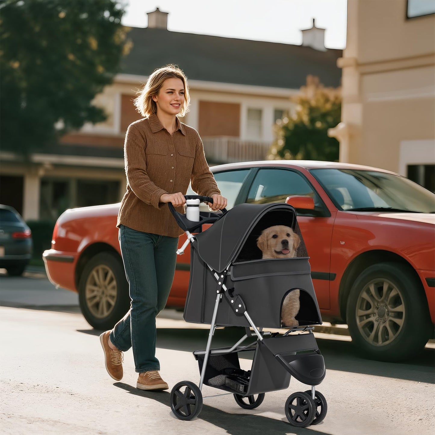 Pet Stroller for Small Dogs 10 lbs, Dog Stroller for Medium Dogs 30 lbs, Cat Strollers for 2 Cats, 3 Wheels Foldable Jogger Puppy Stroller with Storage Basket and Cup Holder, Carbon Black
