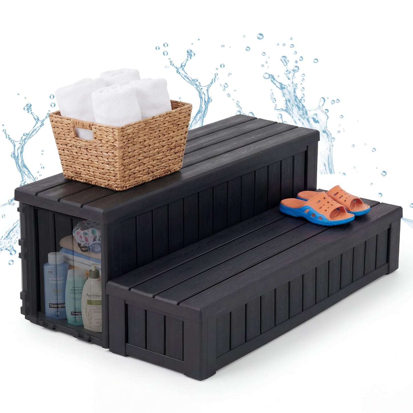 36.6” Hot Tub Steps with Storage, 780 lbs Load Capacity Heavy Duty Outdoor Spa Steps with No-Screw Snap Assembly, Non-Slip Universal Hot Tub Stairs for Spa, Pool, Patio, RV, Porch & Indoor Use, Black