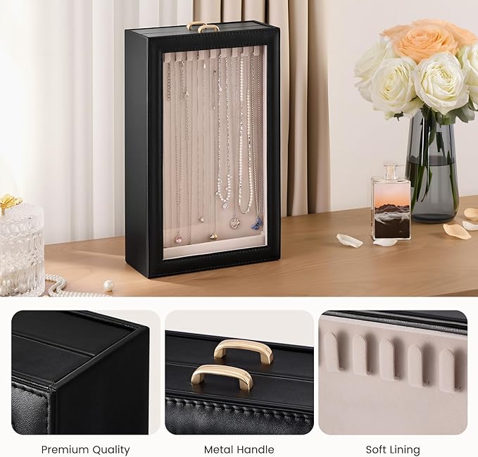 Lolalet Necklace Organizer Box, Jewelry Storage Box with Clear Window for Necklaces Bracelets, Tangle-Free Necklace Display Case for Women Girls -Black, 2 Layers 20 Hooks