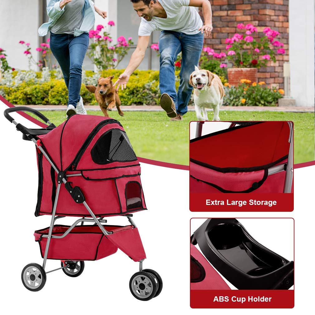 BestPet 3 Wheels Pet Dog Stroller Cat Cage for Medium Small Dogs Cats Travel Folding Carrier Waterproof Puppy Stroller with Cup Holder & Removable Liner,Red