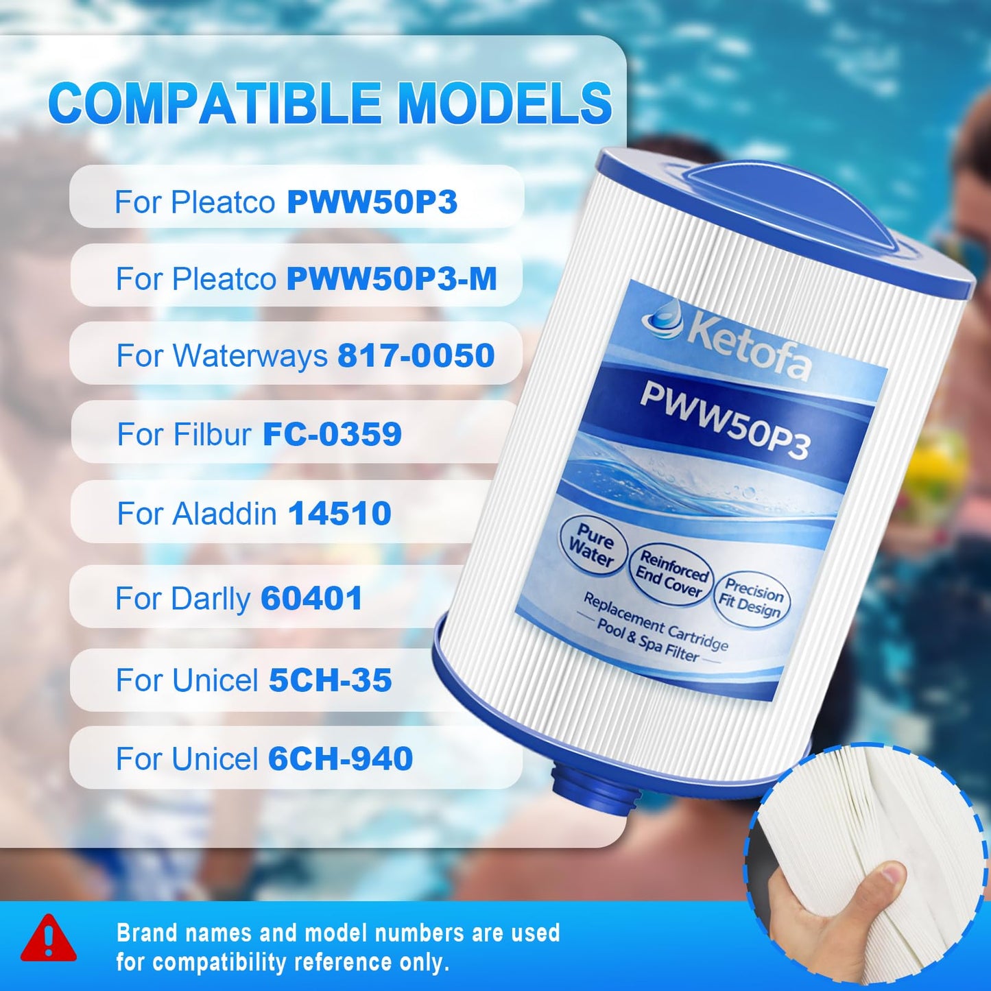 PWW50P3 Filter for Compatible with Pleatco Spa Hot Tub, PWW50P3 (1 1/2" Coarse Thread) Spa Filter Compatible with Unicel 6CH-940 Filbur FC-0359 Waterways 817-0050 Front Access Skimmer Aber Hot Tubs