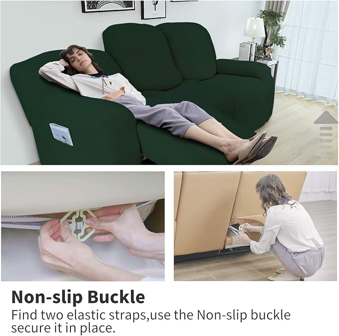 Easy-Going 6 Pieces Recliner Loveseat Stretch Sofa Slipcover Sofa Cover Furniture Protector Couch Soft with Elastic Bottom Kids, Spandex Jacquard Fabric Small Checks Dark Green