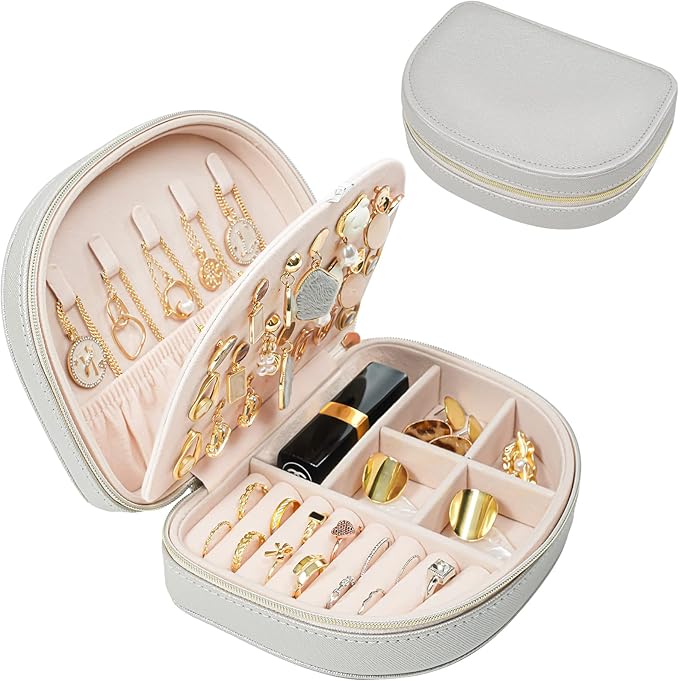 ProCase Travel Size Jewelry Box, Medium Portable Seashell-Shaped Jewelry Case, 2 Layer Mini Jewelry Organizer in PU Leather for Women -Silver