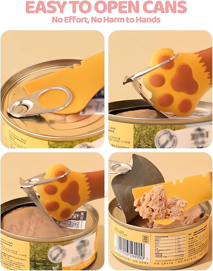 5 PCS Cat Food Can Covers Lids Set, Silicone Pet Food Can Lids with Multi-Function Cat Food Spoon and Opener, Cat Bar Squeezer, Stainless Steel Wet Food Spoon for Cats and Dogs (Orange)