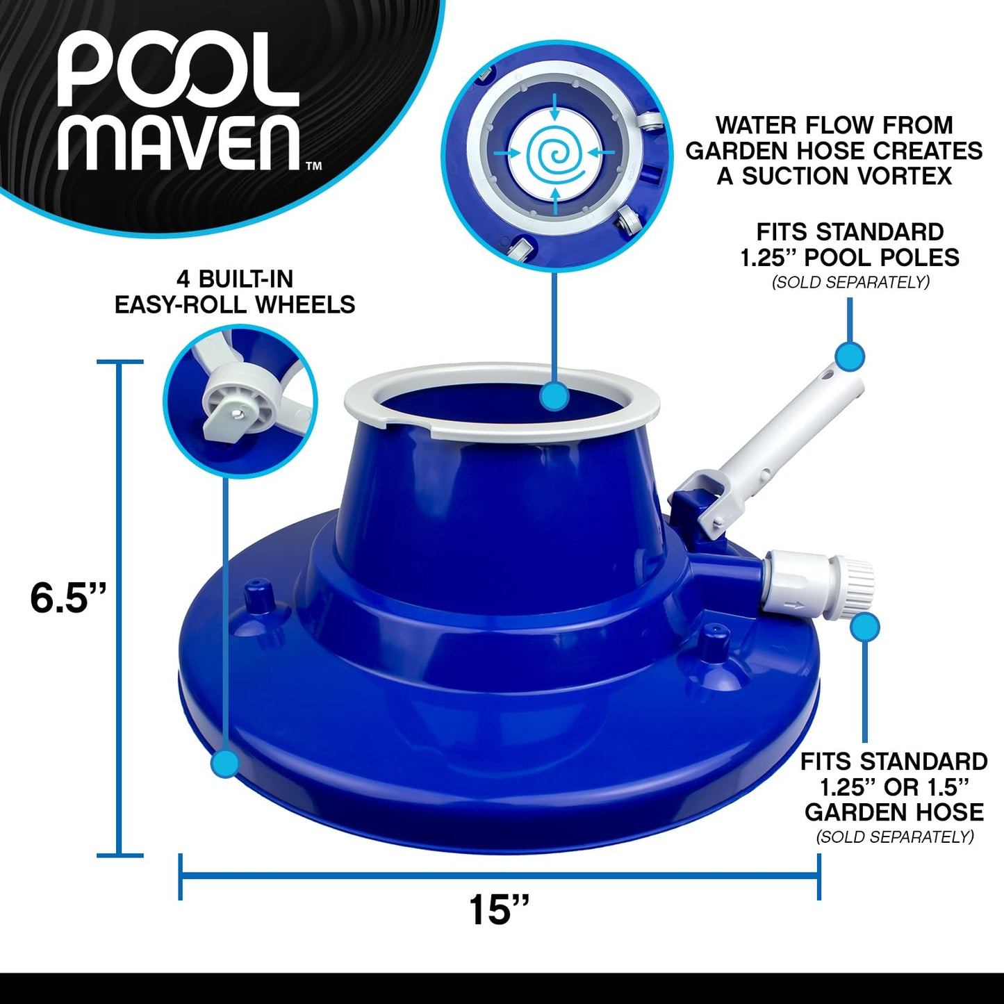 POOLMAVEN Heavy-Duty Pool Leaf Vacuum Head, Garden Hose Powered 15″ Cleaner with Large Mesh Bag for Inground and Above Ground Pools