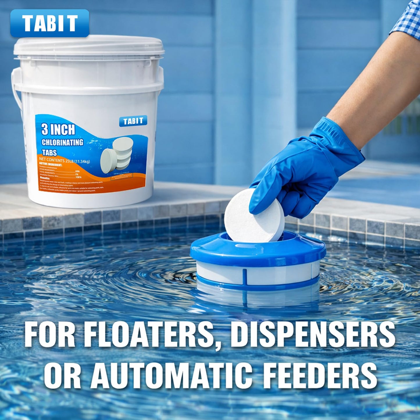 Chlorine Tablets 3 inch 25 Pounds, TABIT Swimming Pool Long Lasting Chlorinating Tablets, Slow Dissolving, Tri-Chlor for Swim Pool, Hot Tubs, Spa